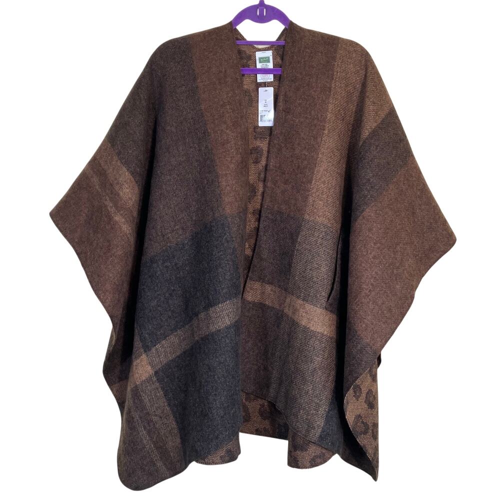Woolrich Women's Reversible Wrap Shawl Brown Plaid & Animal Print Soft Cozy - Picture 9 of 15